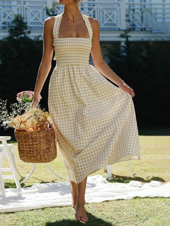 Commense Dresses & Skirts - Countryside Plaid Print Halter Criss Cross Long Dress Large NWT